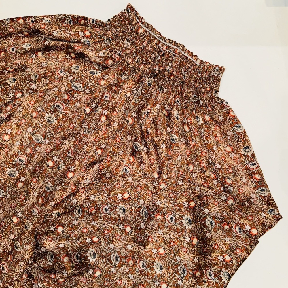 Ces Femme Floral Smocked Neck Blouse M Boho Cottagecore Puff Sleeve Earthy Rust